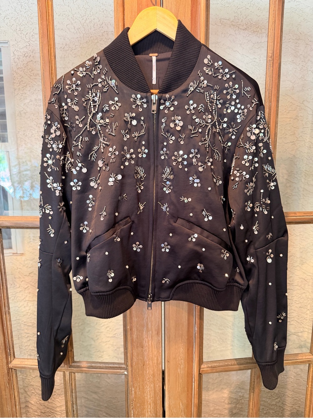 Free People Black Embellished Bomber Jacket - soft like silk/satin